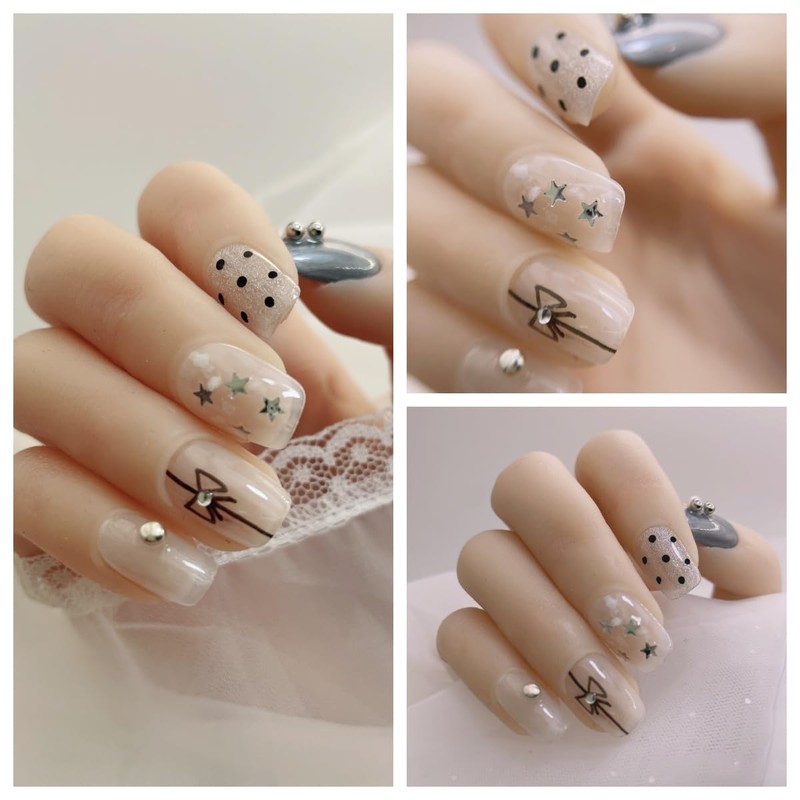 Kokowomite Nails Handmade Nail Tips Short Square Oval Silver White