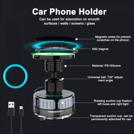 UOEPOWA 360° Rotating Vacuum Suction Phone Holder, 15W Charge Magnetic Car Mount with Suction Cup for Dashboard & Windshield for Phone & Tablet, Includes Magnetic Ring for Non Magnetic Device