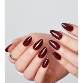 Morily Short Press on Nails Almond, 30Pcs Burgundy Fake Nails in 15 Sizes Glossy Wine Red False Nails Reusable Acrylic Stick on Nails for Women