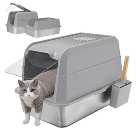 UNZIPE Covered Stainless Steel Litter Box with Lid, XL Extra Large Cat Litter Box, Enclosed Metal Litter Pan with High Sided Enclosure & Scoop, Anti Leakage, Easy to Clean, Odor Control(Grey)