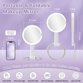 ALHAKIN Magnifying Mirror with Light, Rechargeable Lighted Makeup Mirror with Magnification 1X/10X Double Sided, Travel Makeup Mirror with 3 Color Dimmable Lights, Portable Hand Held Mirror Hanging Tabletop