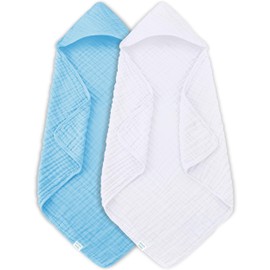 MOON PARK 2 Pack Muslin Hooded Baby Bath Towels for Newborns, Infants, Toddlers - 100% Cotton - Large 32x32Inch Size - Highly Absorbent and Essential, White and Aqua