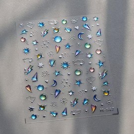 5D Embossed Star Nail Art Stickers Crystal Soft Glue Nail Stickers Blue Ombre Designs Nail Decals Supplies Self Adhesive DIY Manicure Acrylic Decoration Accessories