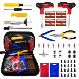 EIDANZ 65 Pcs Tyre Repair Kit, Car Tyre Puncture Repair Kit, Tubeless Tire Repair Kit – Heavy Duty Emergency Flat Tyre Fix Set with Pressure Gauge, T-Handle Tools & Tread Depth Gauge