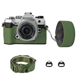 VOVMOEYA Protective Camera Case Kit for Olympus OM-5/OM-D E-M5 III Camera,OM System OM-5 Camera Cover E-M5 III Half Case with 16-50MM Front Lens Cap with Adjustable Shoulder Strap-Green