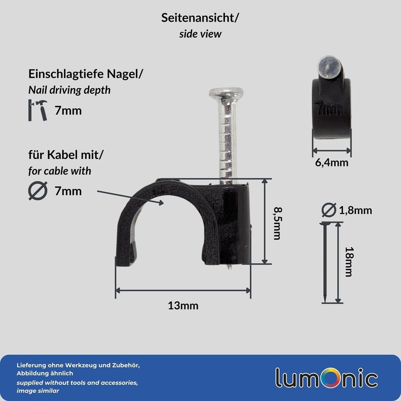 Lumonic 100 x Nail Clips 7 mm for Cable Black
