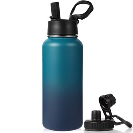 Neihepal 32 Ounce Insulated Water Bottle with Straw Lid & Spout Lid,18/8 Stainless Steel Double Wall Flask with Handle Keeps Hot or Cold,Ideal for Gym,School,Outdoor,Camping,Sports(Dark Night,1Set)