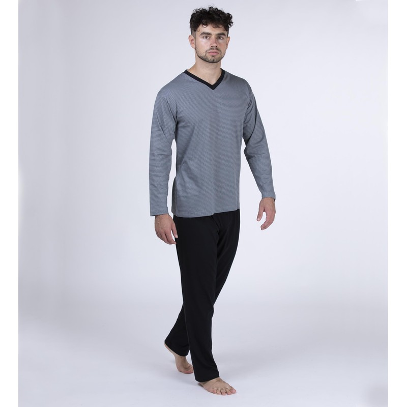 Moonline - Men's Long Pyjamas 100% Cotton with V-Neck and