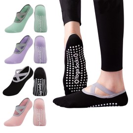 Yoga Socks, 4 Pairs Yoga Socks for Women with Grips, Non-Slip Yoga Socks, Yoga Socks for Women Non-Slip Grips & Straps for Pilates Ballet Dance Workout Fitness Black Pink Purple Gree
