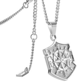 murtoo Necklace for Men, Stainless Steel Mens Necklace with Compass, Apple Shield Coin Pendant Necklace, Gift Idea for Men Women, 2" Adjustable Curb Chain (Silver-shield, Inches, 20.00)