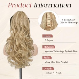 Sofeiyan Ponytail Extension Long Curly Ponytail 17 inch Claw Clip in Hair Extension Fake Pony Tail Natural Looking Synthetic Hairpiece for Women