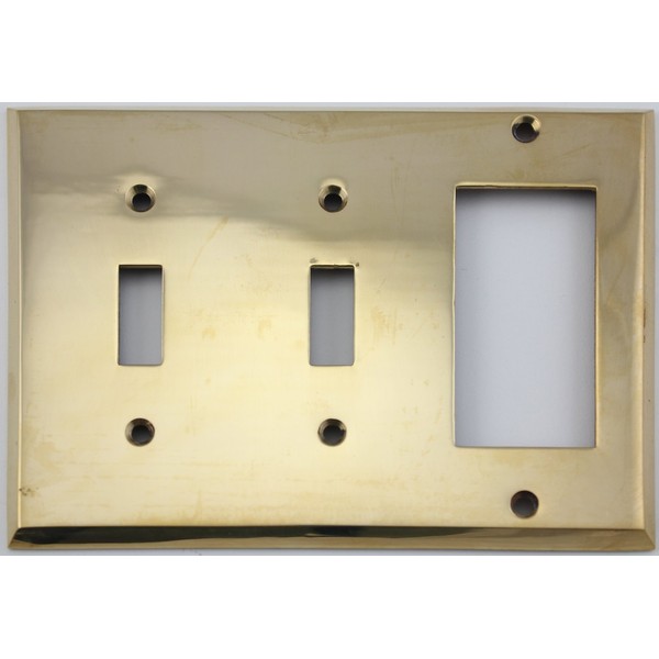 Unlacquered Polished Brass 3 Gang Combination Switch Plate - 2 Toggle Light Switch Openings 1 GFI Opening