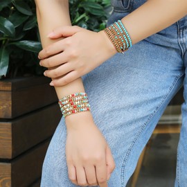 KELITCH Womens Turquoise Bracelets Leather 5 Wrap Bracelet Gold Silver Mixed Strand Bracelets