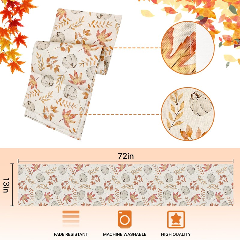 DTCSWACN Orange Pumpkins Fall Maple Leaves Thanksgiving Table Runner, Seasonal