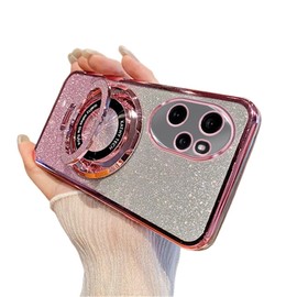QIWEIQING Glitter Case for Honor 200 5G, Electroplate Flash Shell for Girls Women Ring Stand Function Camera Protector Shockproof Transparent TPU Cover for Honor 200 5G. Pink DS