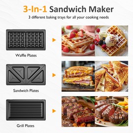 Sunvivi Pro Waffle Maker with Removable Non-stick Plates, Electric Sandwich Maker 3 in 1 Panini Press Grill, with Glass Top, Cool Touch Handle & Easy to Clean, 850W