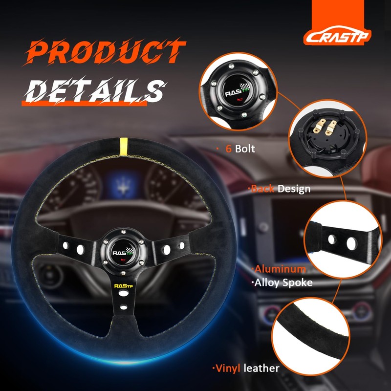RASTP Universal Racing Steering Wheel Suede Deep Dish 13.58”/345mm 6