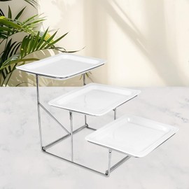 EI 3-Tier Rectangle Plate Set with Metal Stand,23.43 * 12.4 * 13.89inch White for Party,serving tray,12.5inch Crack-Proof Platters for Serving Food,White Reusable Trays,Stand for brunch,Dessert