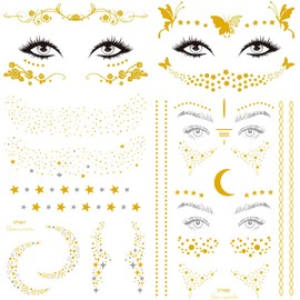 Feelairy Pack of 4 Tattoo Metallic Temporary Tattoo Face Gold, Waterproof Metallic Flash Tattoo Stickers, Glitter Tattoo Stickers for Eyes Face Carnival Party Shows Makeup