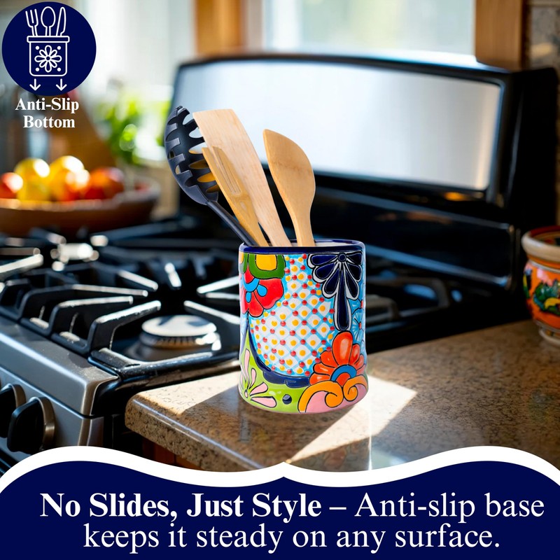 Talavera Utensil Holder - Hand Painted Ceramic Spoon Crock -