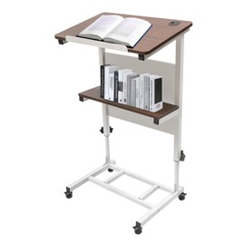 DYNAMI Mobile Stand Up Lectern Podium with Universal Wheels,Portable Podium Stand Up Desk with Storage, Carbon Steel Frame High Load-Bearing Capacity,Height Adjustable (White)