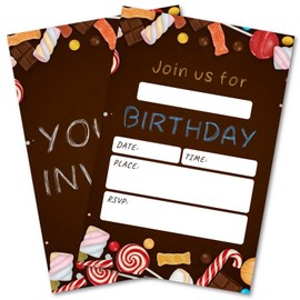 WENFLY Candy Birthday Party Invitations Card Kit - 25 Pcs 4x6 Inch Chocolate Color Bright Colors Childlike Invitations for Kids Teens Boy Girl with Envelopes