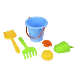 Lena 05417 Happy Sand Set, Beach Toy 6 Pieces, Sand Set, 3 Moulds (Vegetables), Rake and Shovel, Sand Toy for Children from 12 Months, Multicoloured, 6 Pieces (with Bucket)