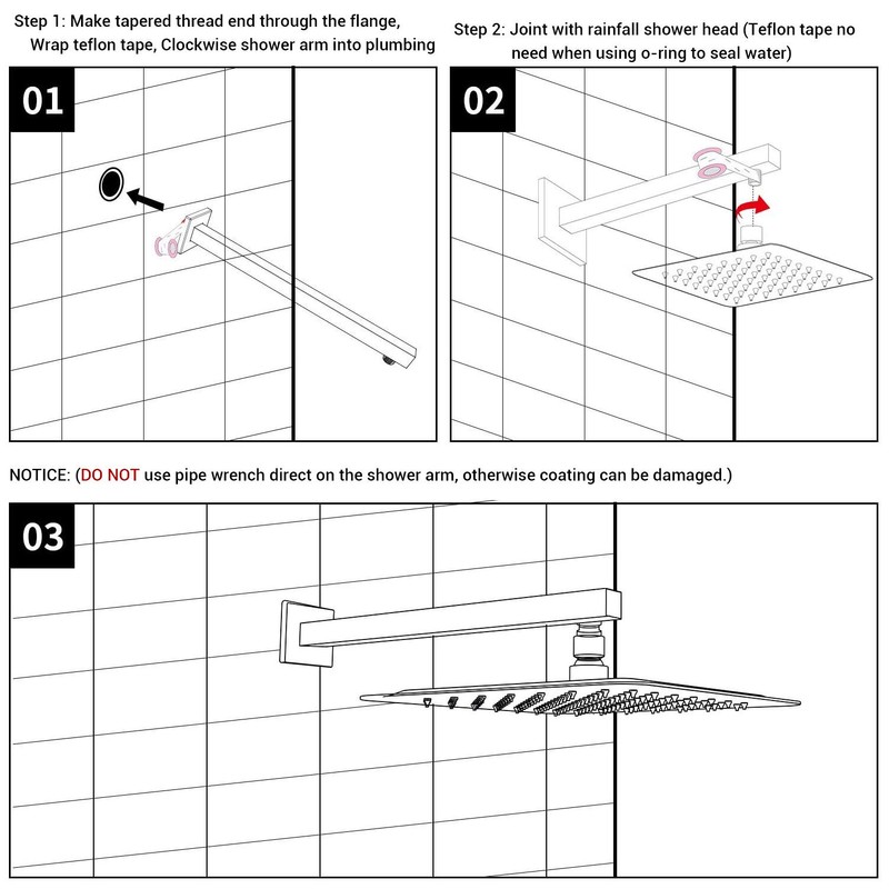 Square Shower Arm with Flange Heavy Duty Stainless Steel Rainfall