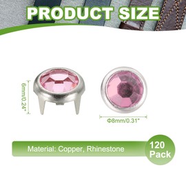 YELARXI Rhinestone Studs, Rhinestone Claw Beads Nailhead Crystal Claw Rivets Punk Spikes Decorative Round Rivets, 8 mm Fit for Clothing DIY Leather Craft Bags Belt (120 Pack, Pink)