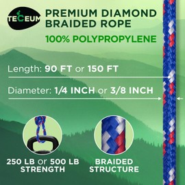 TECEUM Cuerda – 90 pies x 3/8 pulgadas (10 mm) – Mezcla Patriot – Cuerda multiusos fuerte – camping, manualidades, poste de bandera, interior y exterior – Cuerda trenzada de polipropileno y nailon