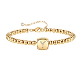 Yoosteel Women Bead Bracelets with Initial, 14K Gold Filled Adjustable Bead Letter Y Initial Bracelets Dainty Gold Charm Bracelets Gold Bead Initial Bracelets for Women Friends Jewelry Gifts Trendy