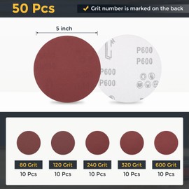 HARFINGTON 50 Pcs 5 Inch Sanding Disc 80/120/240/320/600 Grit Hook and Loop Sandpaper Random Orbital Sander Pads for Woodworking Automotive Metal Polishing