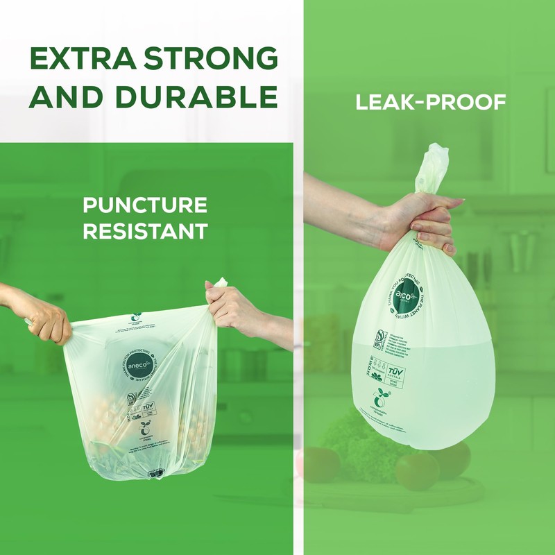 ANECO 100% Compostable Waste Bags 2.6 Gallon (Flat Top Bags,