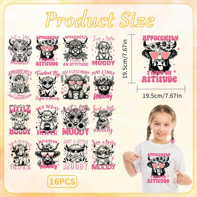 CRASHOT Highland Cow Iron on Transfers, 16 PCS Funny Quotes