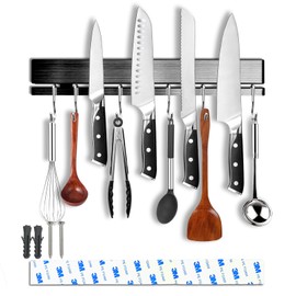 YIIYIIN Magnetic Knife Holder for Wall with 6 Hooks -Magnetic Knife Strip - 304 Stainless Steel Kitchen Utensil Holder/Hanger/Rack/Bar 12 Inch (Black)