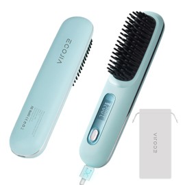 Cordless Hair Straightener Brush 2 in 1-5000W Ionic Ceramic Travel Flat Iron for Quick Styling, Mini Hair Straightener & Curler with LCD Screen, Portable for Women, Salon & Student Use Sea Blue
