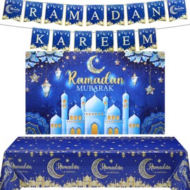 Ramadan Kareem Mubarak Party Decorations Backdrop Banner Tablecloths Eid Al FITR Black Gold Background for Islamic Muslim Family Gatherings Accessories Mosque Theme Party Supplies (Blue)
