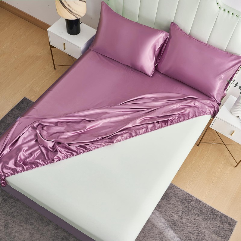 DuShow Satin Fitted Sheet King,Pink Silky Deep Pocket Fitted Sheet,Soft