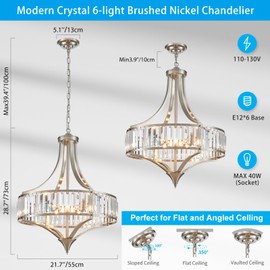 XINGQI Brushed Nickel Chandeliers for Dining Room, Rustic Farmhouse Chandelier with Round Metal Shade, Modern 6-Light Light Fixture for Dining Room Living Room Kitchen Bedroom
