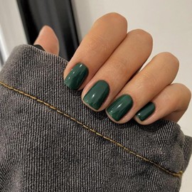 SXVME 48 Pcs Dark Green False Nails Short Square Length, Acrylic Press on Nails Short, Solid Color Glossy Gel Full Cover Fake Nails for Women Finger Decoration