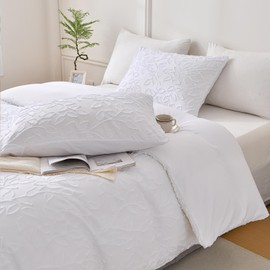 Bedorm White Tufted Duvet Cover King Leaf Bedding Set Shabby Chic Jacquard Design Extra Soft Cozy Embroidery Bedding Farmhouse White Duvet Cover Set