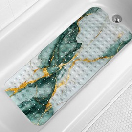 LNOND Marble Bath Tub Mat Non Slip, Extra Long 40 X 16 Inch Anti Slip Mat for Bathtub, Green Gold Marble Shower Mat with Drain Holes and Suction Cups, Machine Washable