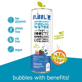 BUBBL'R triple berry breez'r, Antioxidant Sparkling Water with Natural Caffeine, 0g Sugar, Gluten Free, All Natural Flavors, 12 Fl Oz Cans, 12 Count