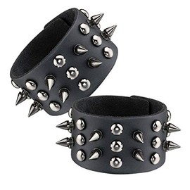 Eigso 2Pcs Spike Studs Rock Punk Biker Wide Strap Leather Bracelet Set Gothic Rivet Buckle Wristband for Men Women