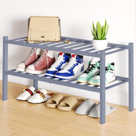 Smiry Shoe Rack, 2 Tier Bamboo Shoe Organizer, Stackable Free Standing Wooden Shoe Storage Shelf for Closet, Entryway, Front Door Entrance, Grey