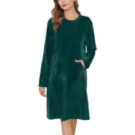 Vlazom Women's Nightdresses Luxury Fleece Nighties Long Sleeved Warm Nightshirt Sleepwear Nightgown for Cold Dark Green,M