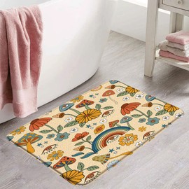 Retro Boho Mushroom Bath Mat 60s 70s Floral Funky Plant Vintage Flower Eyes Rainbow Trippy Hippie Abstract Cute Bathroom Microfiber Memory Foam Bathroom Rug Doormat Kitchen Toilet Floor Rug