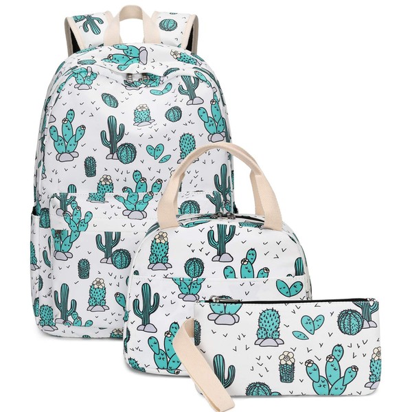 Bluboon Teens Backpack Set Girls School Bags, Bookbags 3 in 1 (0107-3-Cactus White)