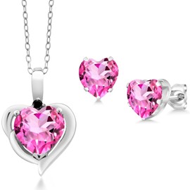 Gem Stone King 925 Sterling Silver Pink Mystic Topaz and Black Diamond Pendant Necklace Earrings Set For Women (4.32 Cttw, Heart Shape 8MM and 6MM, with 18 Inch Chain)