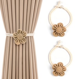 Pack of 2 Curtain Tiebacks, Adjustable Flower Design Curtain Holders, Cotton Curtain Tiebacks with Secure Safety Pins, for Bedroom, Living Room & Bathroom (Khaki)